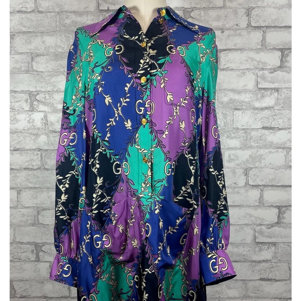 My lowest prize is firm Gucci Purple and Green Maxi Dress with Notched Collar